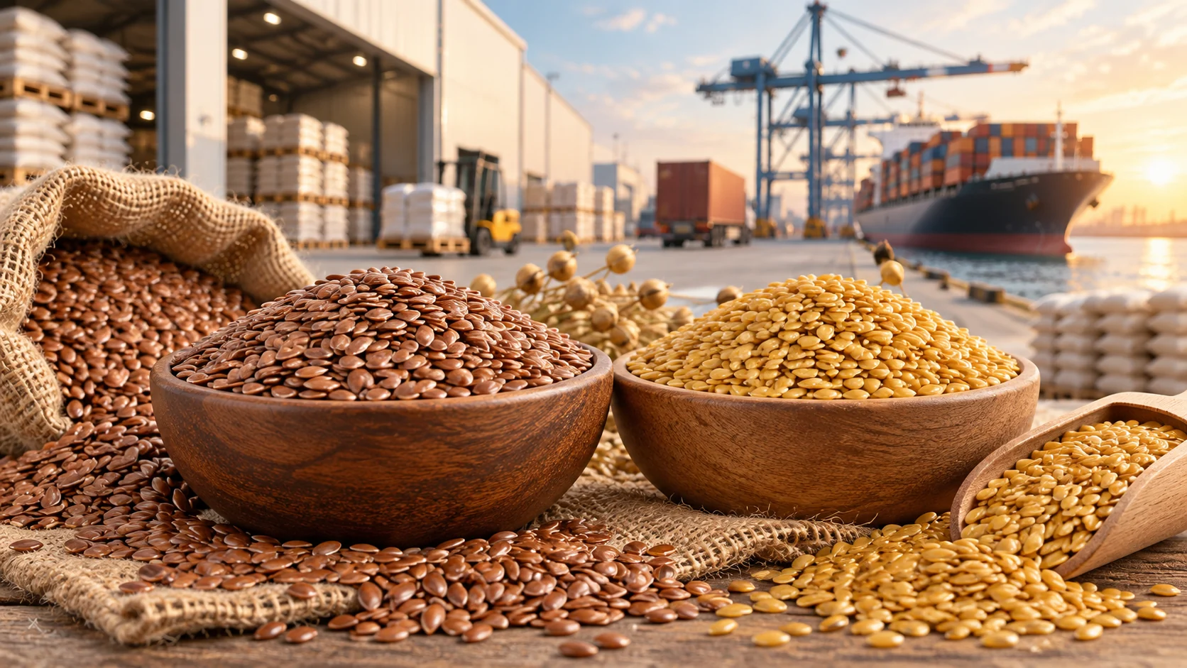 Brown and golden flaxseed with international export logistics
